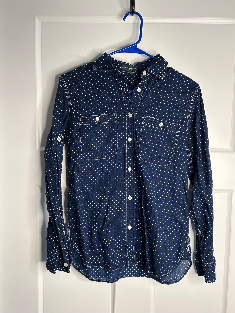 Lauren Jeans Co Ralph Lauren Women’s S Long Sleeve Button Up Navy White 5202